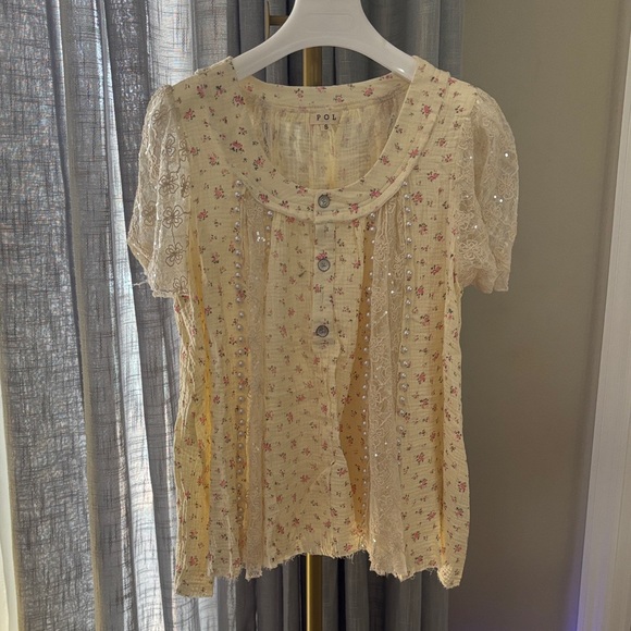POL Tops - NEW POL Floral Lace Pearl Clear Sequined Trimmed Top Sz Small
